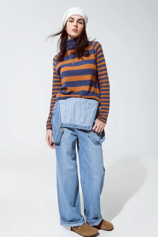 Pull à col roulé à rayures en bleu et marron - Pulls
