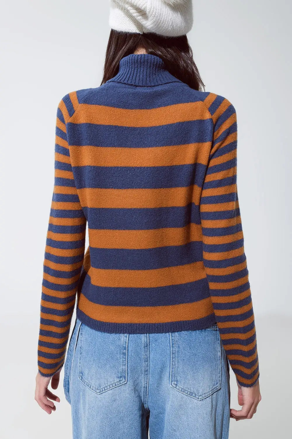Pull à col roulé à rayures en bleu et marron - Pulls