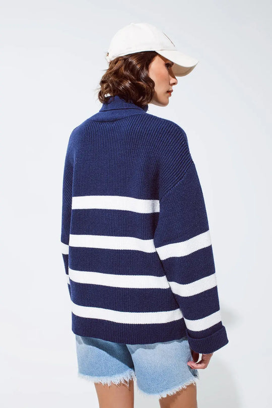 Pull à col roulé bleu marine à rayures - Pulls