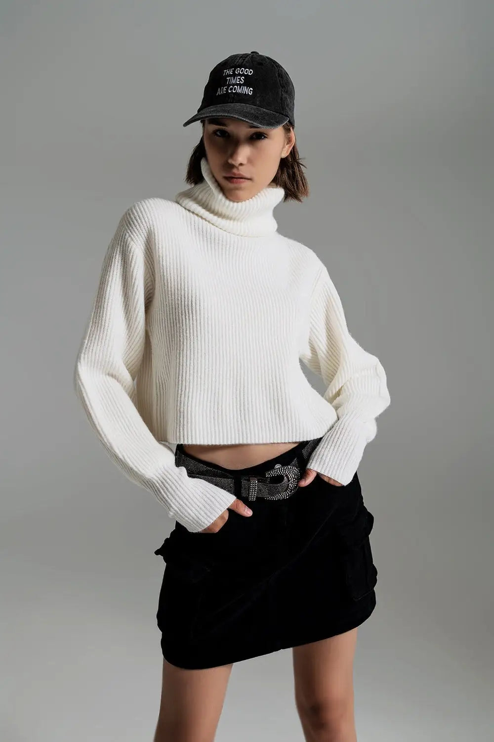 Pull à col roulé en tricot côtelé crème avec manches ballon - Pulls