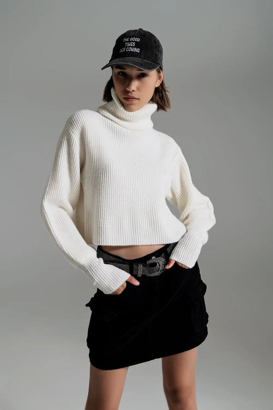 Pull à col roulé en tricot côtelé crème avec manches ballon - Pulls