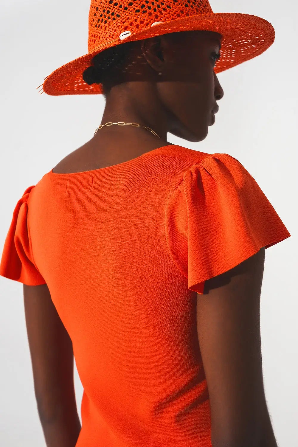 Pull à encolure carrée avec manches bouffantes orange - Pulls