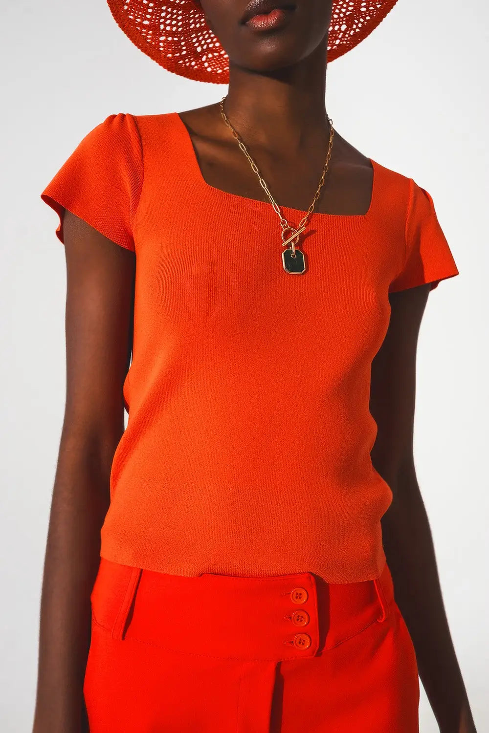 Pull à encolure carrée avec manches bouffantes orange - Pulls