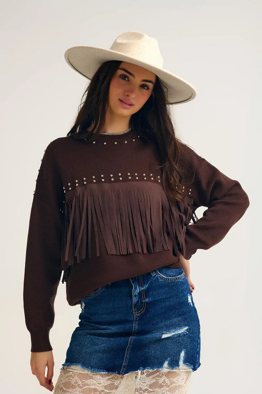 Pull à franges marron avec détails métalliques - One Size / bleu - Pulls