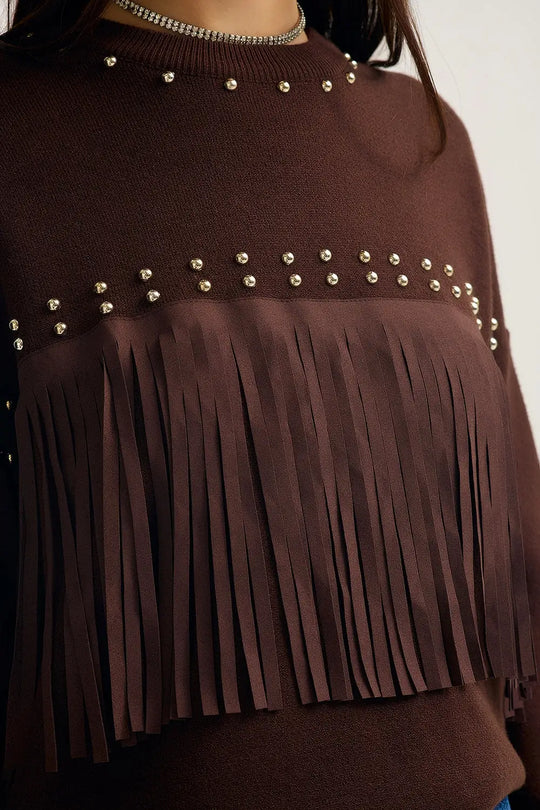 Pull à franges marron avec détails métalliques - One Size / bleu - Pulls