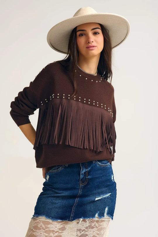 Pull à franges marron avec détails métalliques - One Size / bleu - Pulls