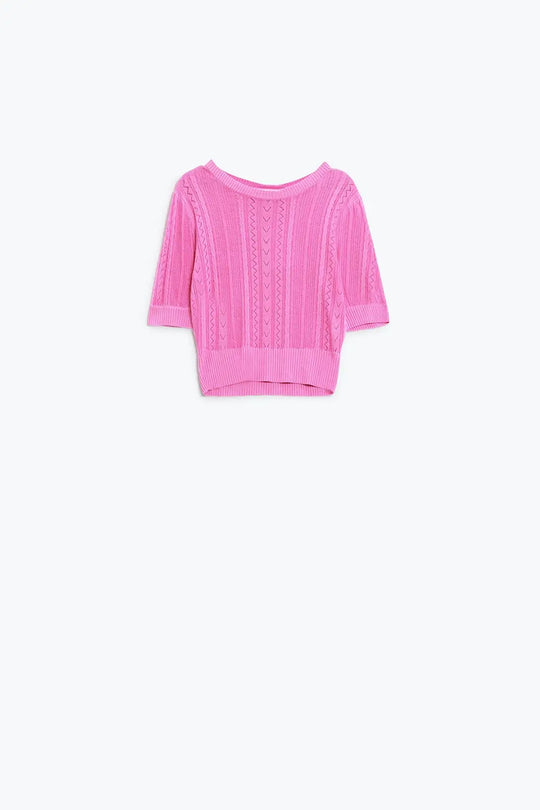 Pull à manches 3/4 en tricot fuchsia avec détails de rayures en zig-zag - One Size / fuchsia - Pulls