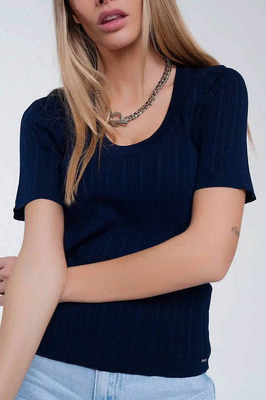 Pull à manches courtes avec encolure dégagée bleu marine - Pulls
