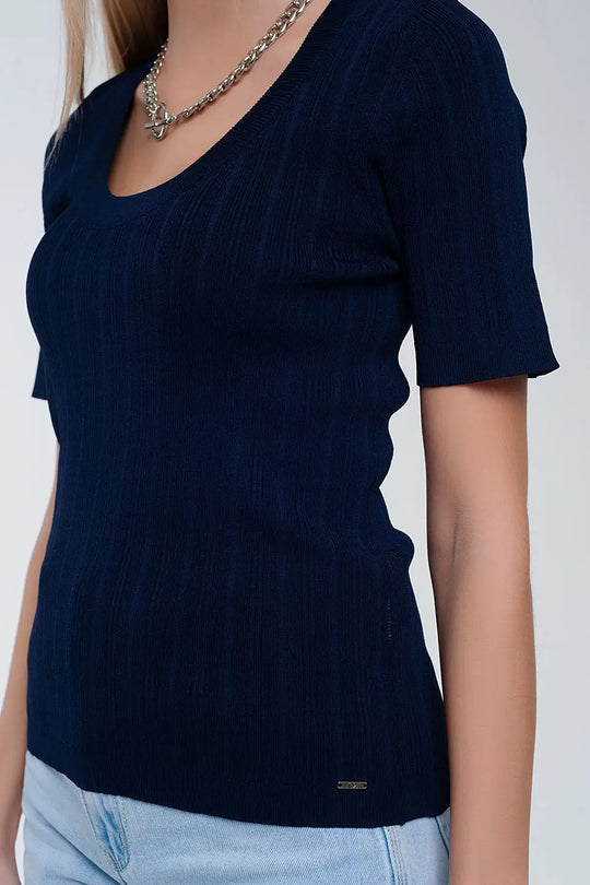 Pull à manches courtes avec encolure dégagée bleu marine - Pulls
