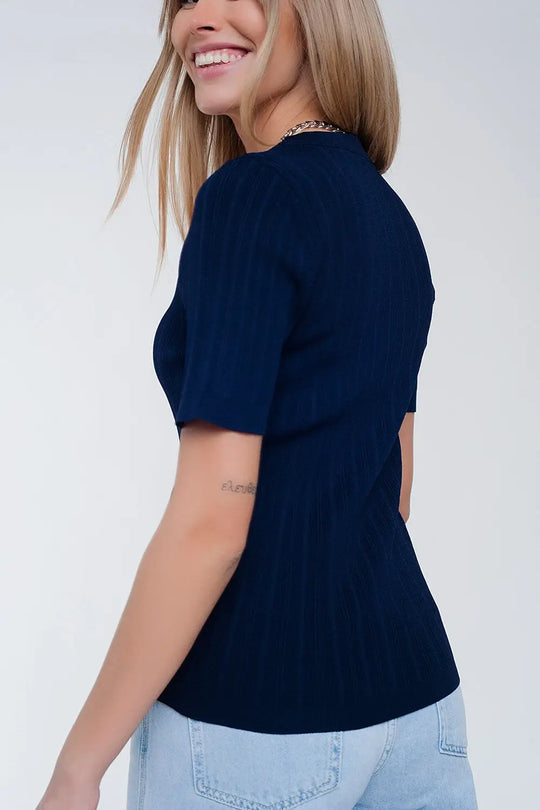 Pull à manches courtes avec encolure dégagée bleu marine - Pulls