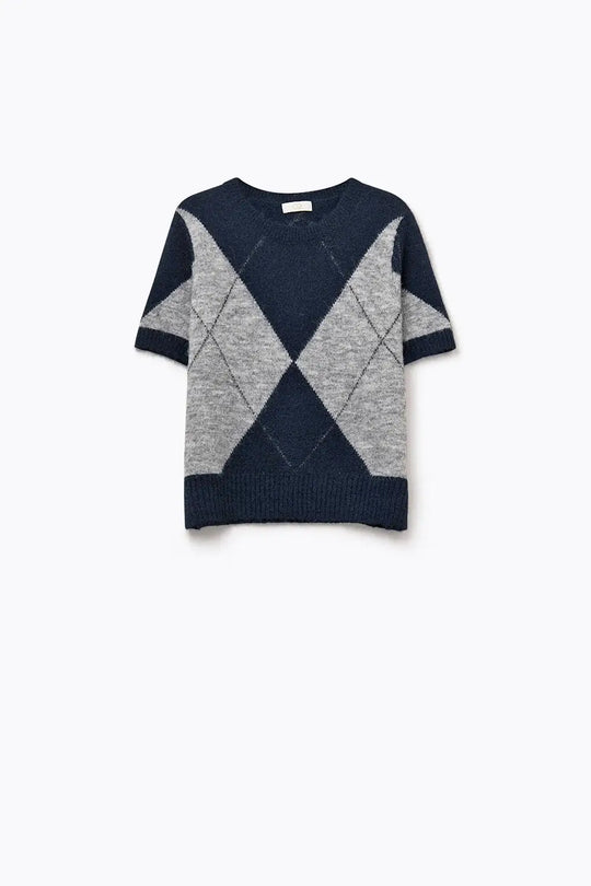 pull à manches courtes avec imprimé diamant en marine et gris - One Size / bleu - Pulls