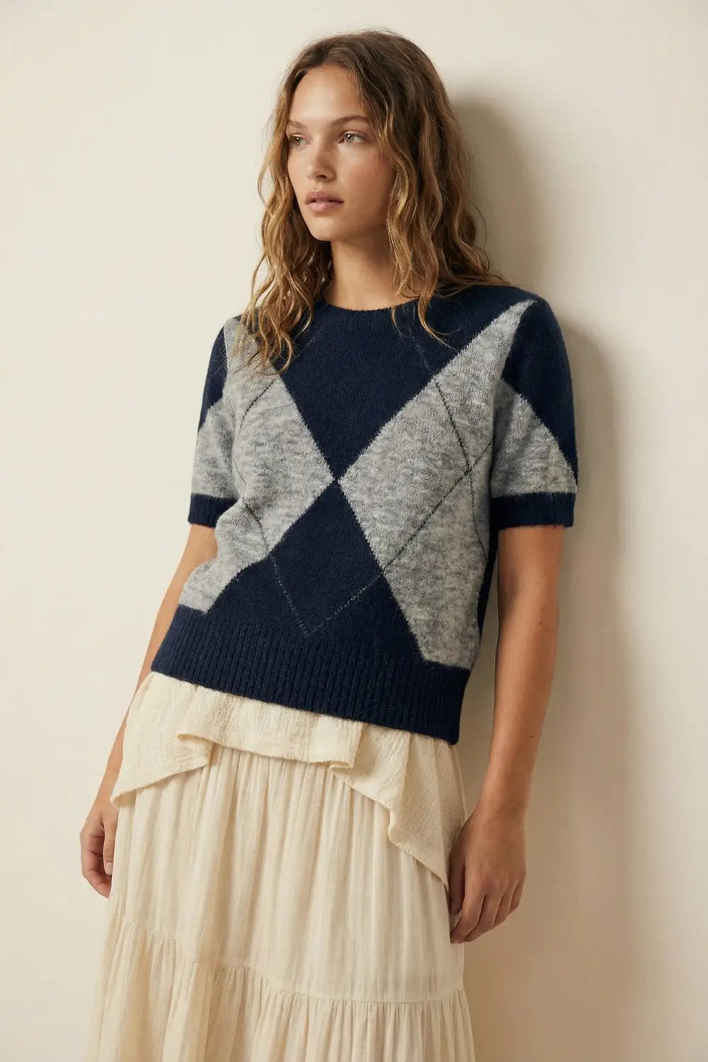 Q2 pull à manches courtes avec imprimé diamant en marine et gris