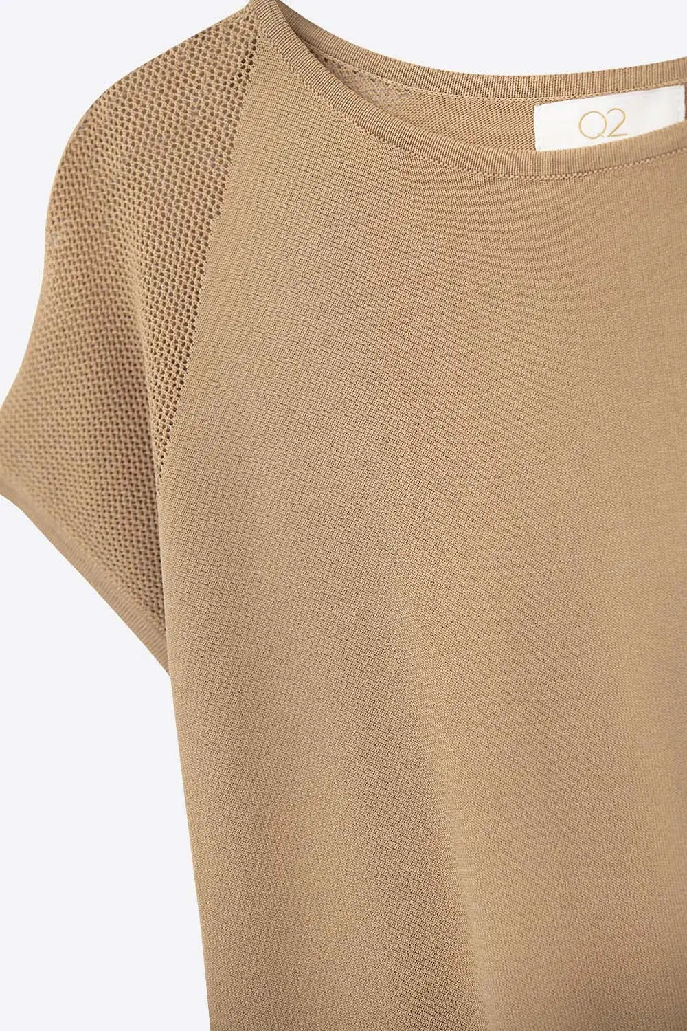 Pull à manches courtes en côtes camel avec maille tricotée sur l’épaule - One Size / marron - Pulls