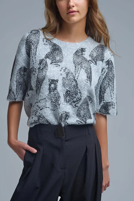 Pull à manches courtes en tricot doux gris à imprimé animalier - One Size / grise - Pulls
