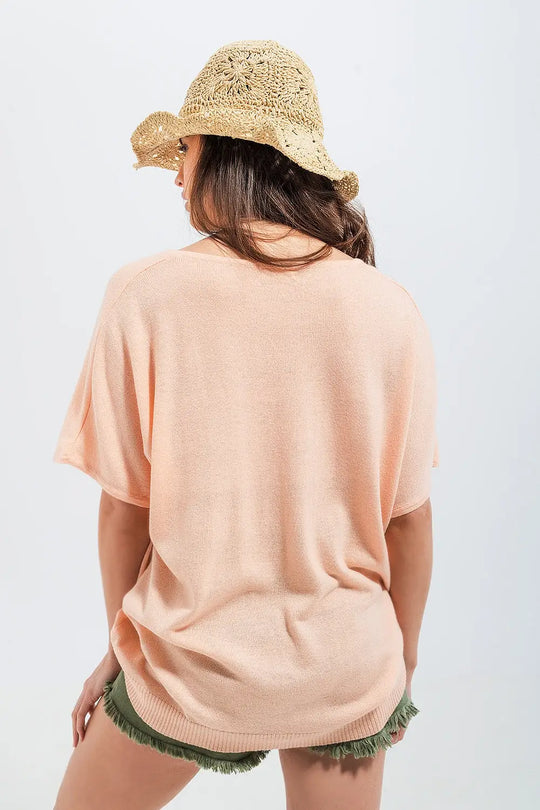 Pull à manches courtes et col en V rose - One Size / rose - Pulls