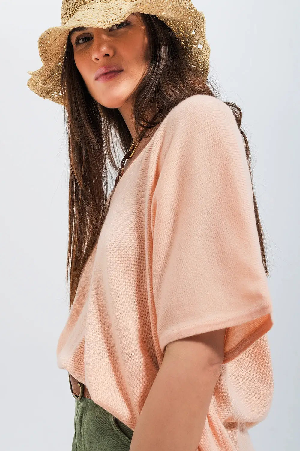 Pull à manches courtes et col en V rose - One Size / rose - Pulls