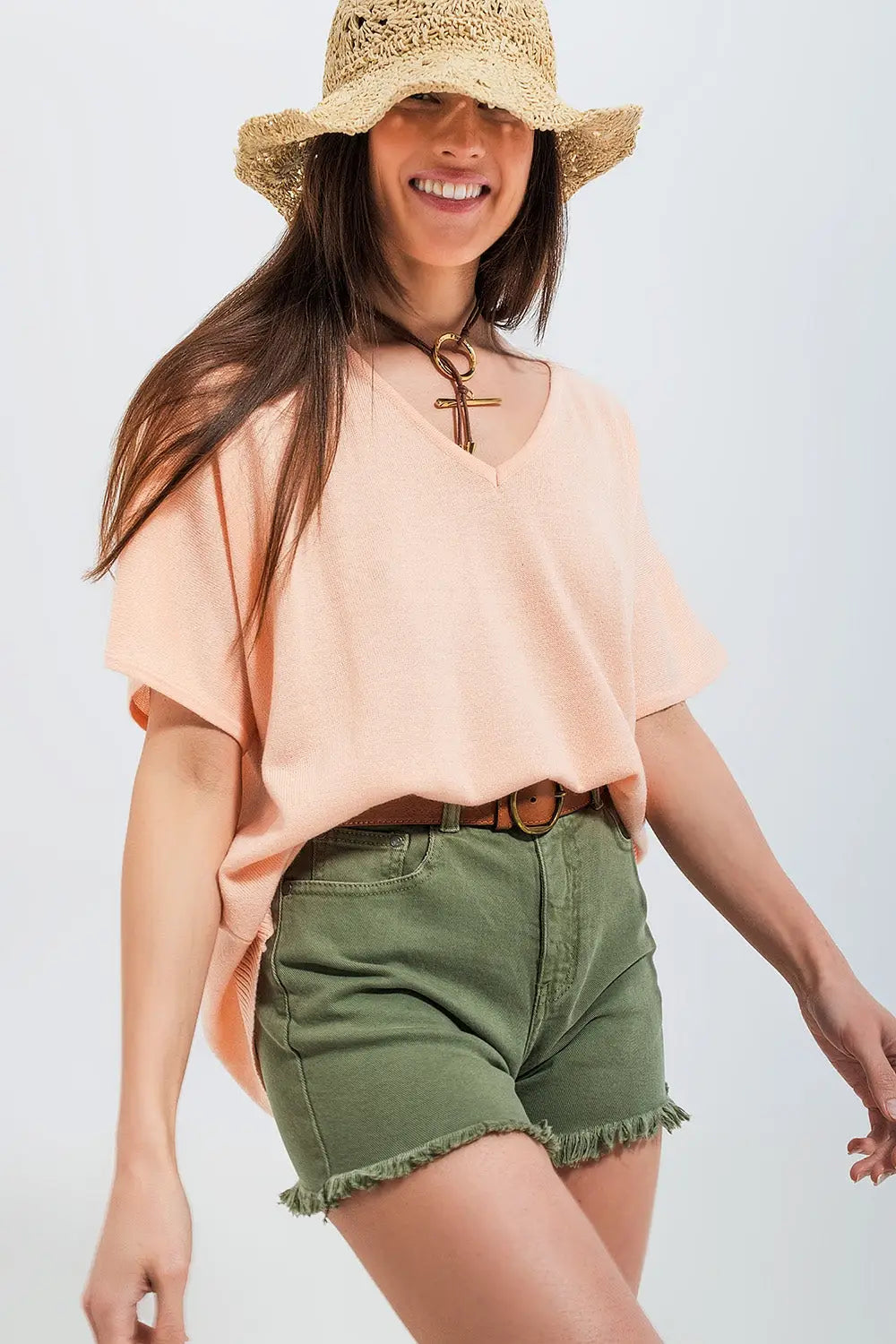 Pull à manches courtes et col en V rose - One Size / rose - Pulls