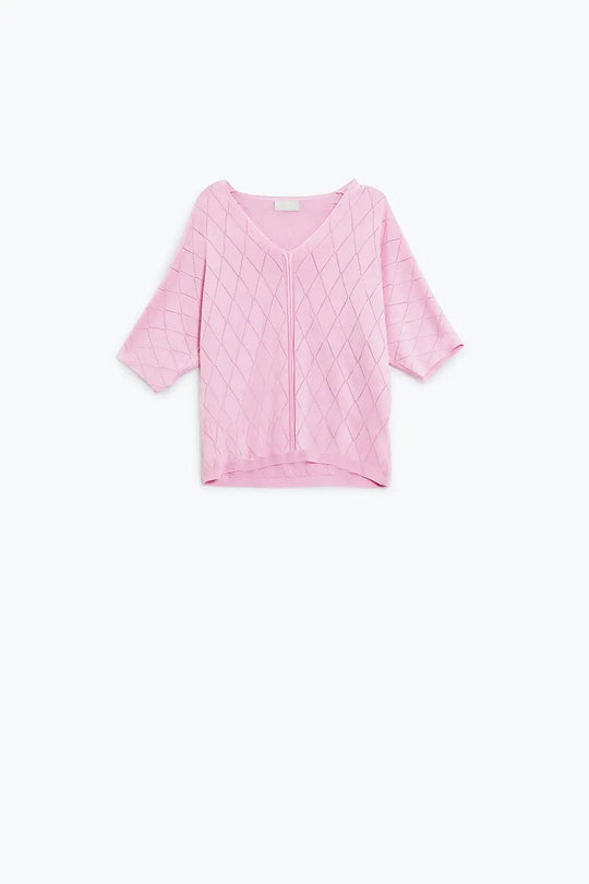 Pull à manches courtes rose pâle à motif argyle - One Size / rose - Pulls