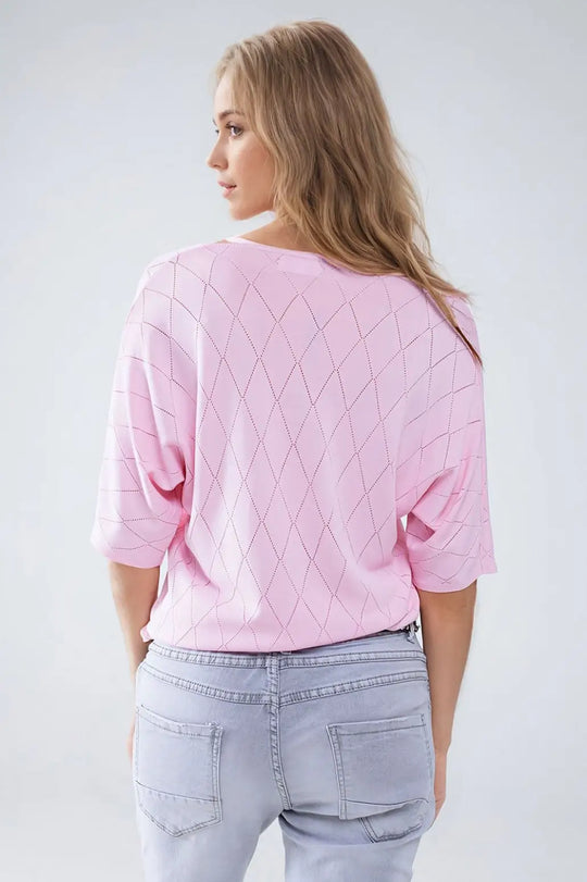 Pull à manches courtes rose pâle à motif argyle - One Size / rose - Pulls