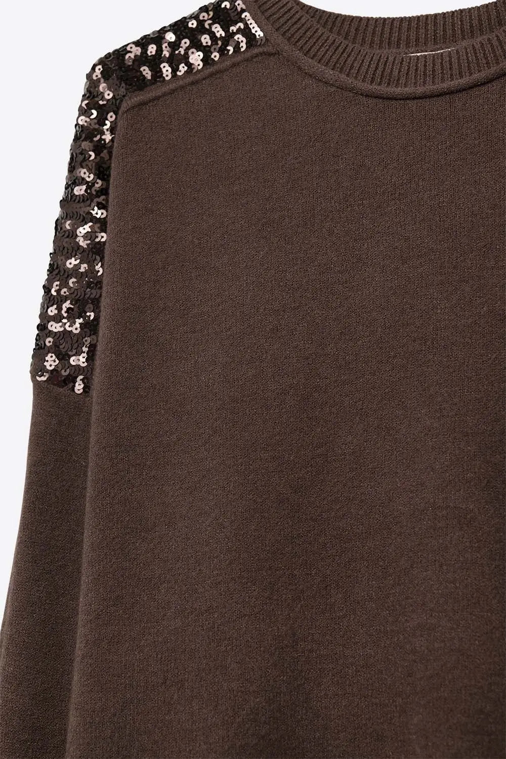 Pull à manches longues marron avec paillettes sur les épaules - One Size / bleu