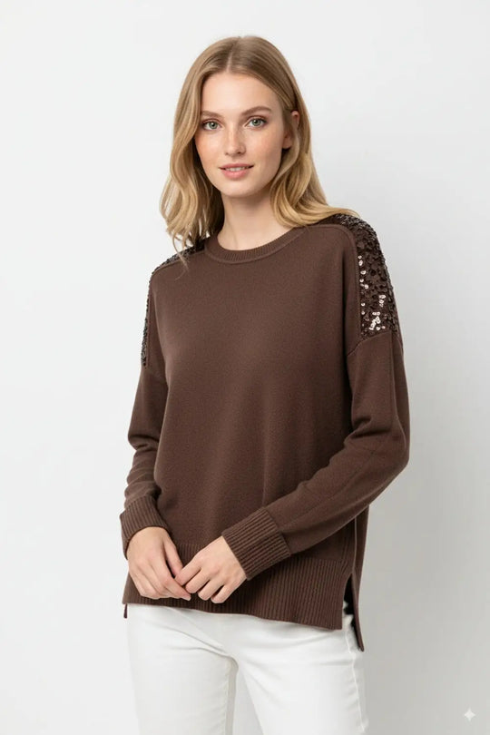 Pull à manches longues marron avec paillettes sur les épaules - One Size / bleu