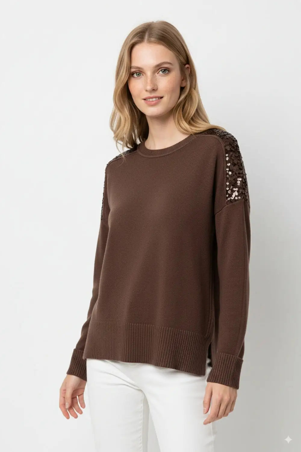 Pull à manches longues marron avec paillettes sur les épaules - One Size / bleu