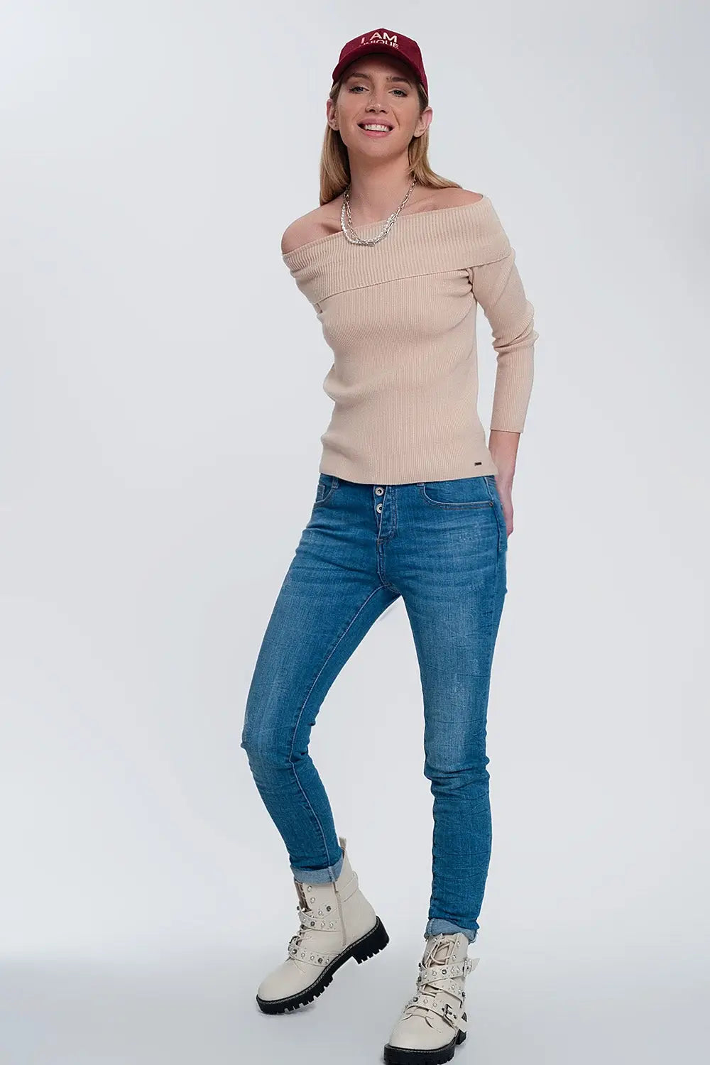Pull Bardot à grosses côtes beige - Pulls