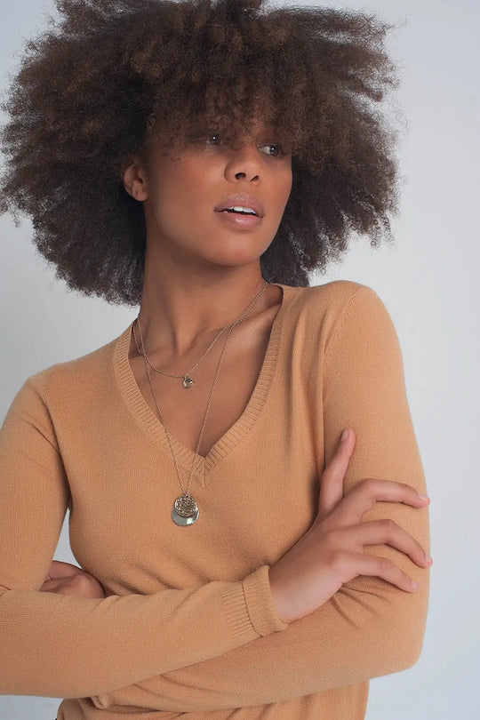 Pull basique souple avec col en V camel - Pulls