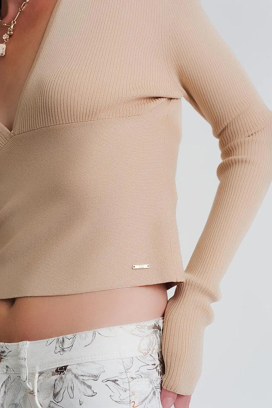 Pull beige côtelé à col V - Pulls