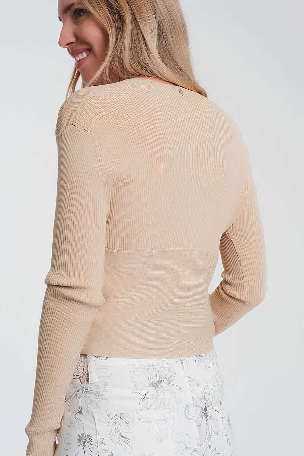 Pull beige côtelé à col V - Pulls