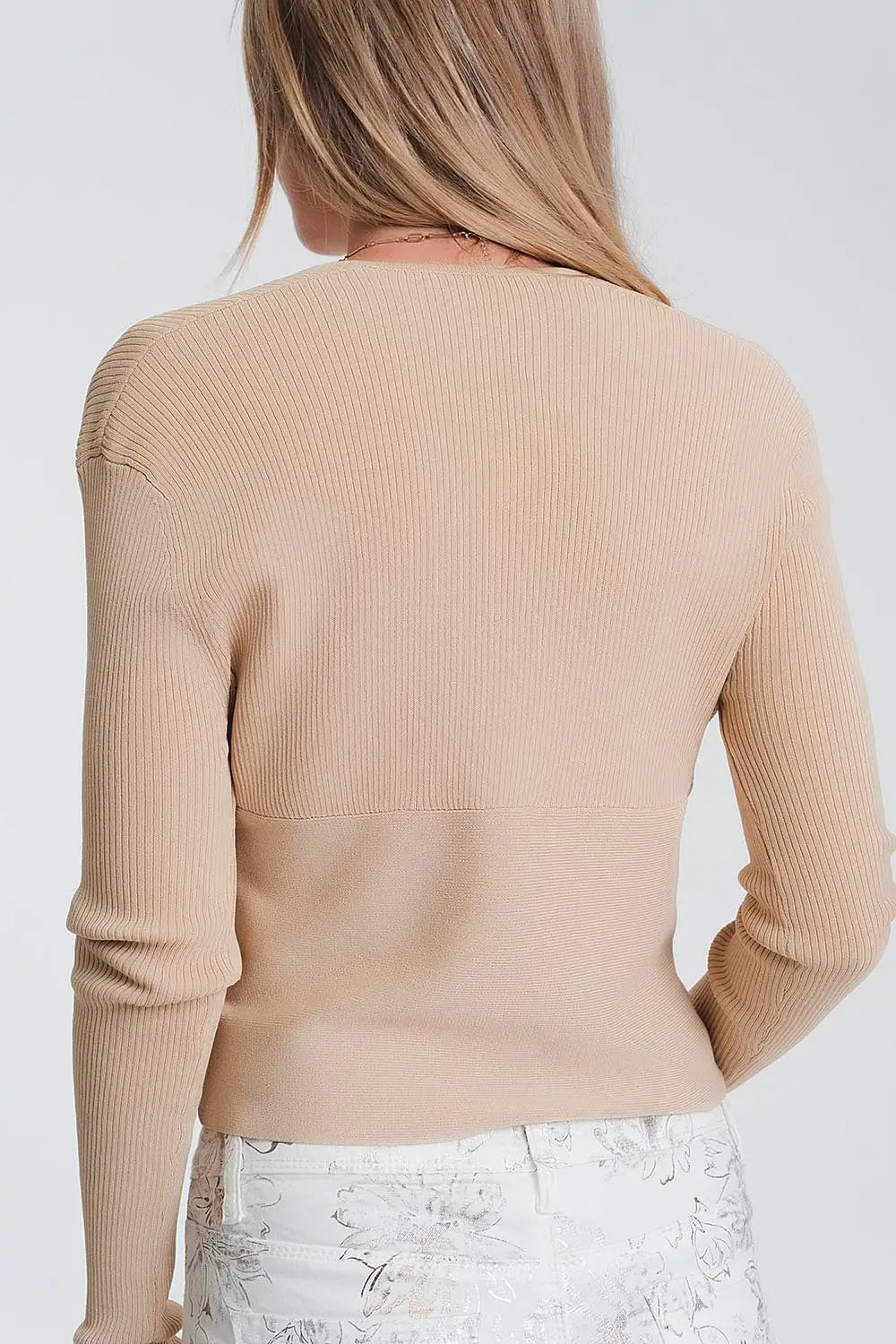 Pull beige côtelé à col V - Pulls