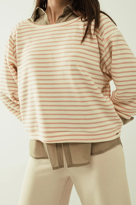 Pull blanc à manches longues rayures roses et col bateau - Pulls