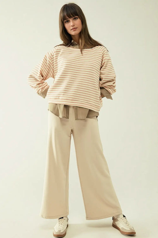 Pull blanc à manches longues rayures roses et col bateau - Pulls