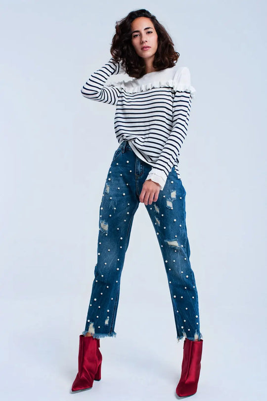 Pull blanc à rayures bleue marines et volants - Pulls
