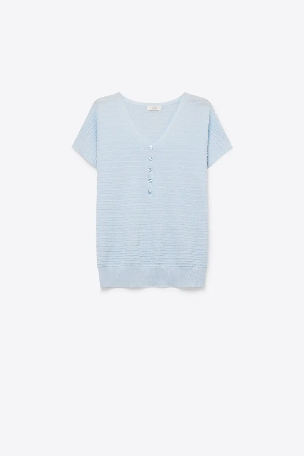 Q2 Pull bleu clair en maille avec col en V et boutons sur le devant