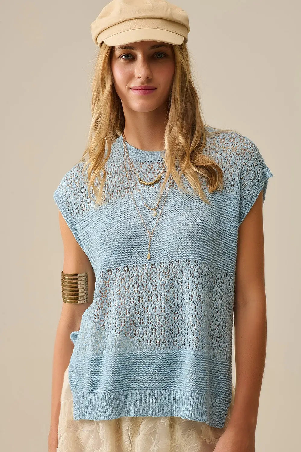 Pull bleu en maille ouverte douce et manches tombantes - One Size / bleu
