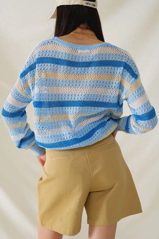 Pull bleu multicolore à manches longues et col bateau - One Size / bleu - Pulls