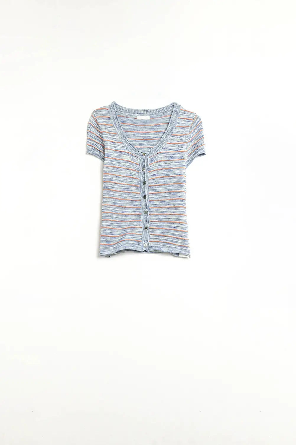 Pull Boutonné Bleu à Rayures Oranges - Pulls