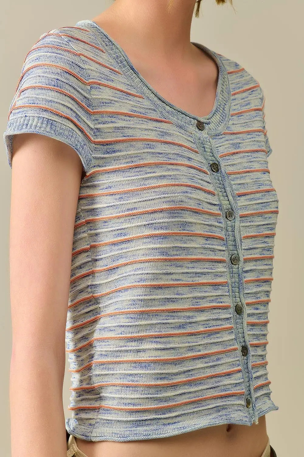 Pull Boutonné Bleu à Rayures Oranges - Pulls