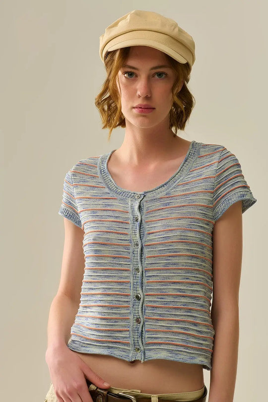 Pull Boutonné Bleu à Rayures Oranges - Pulls