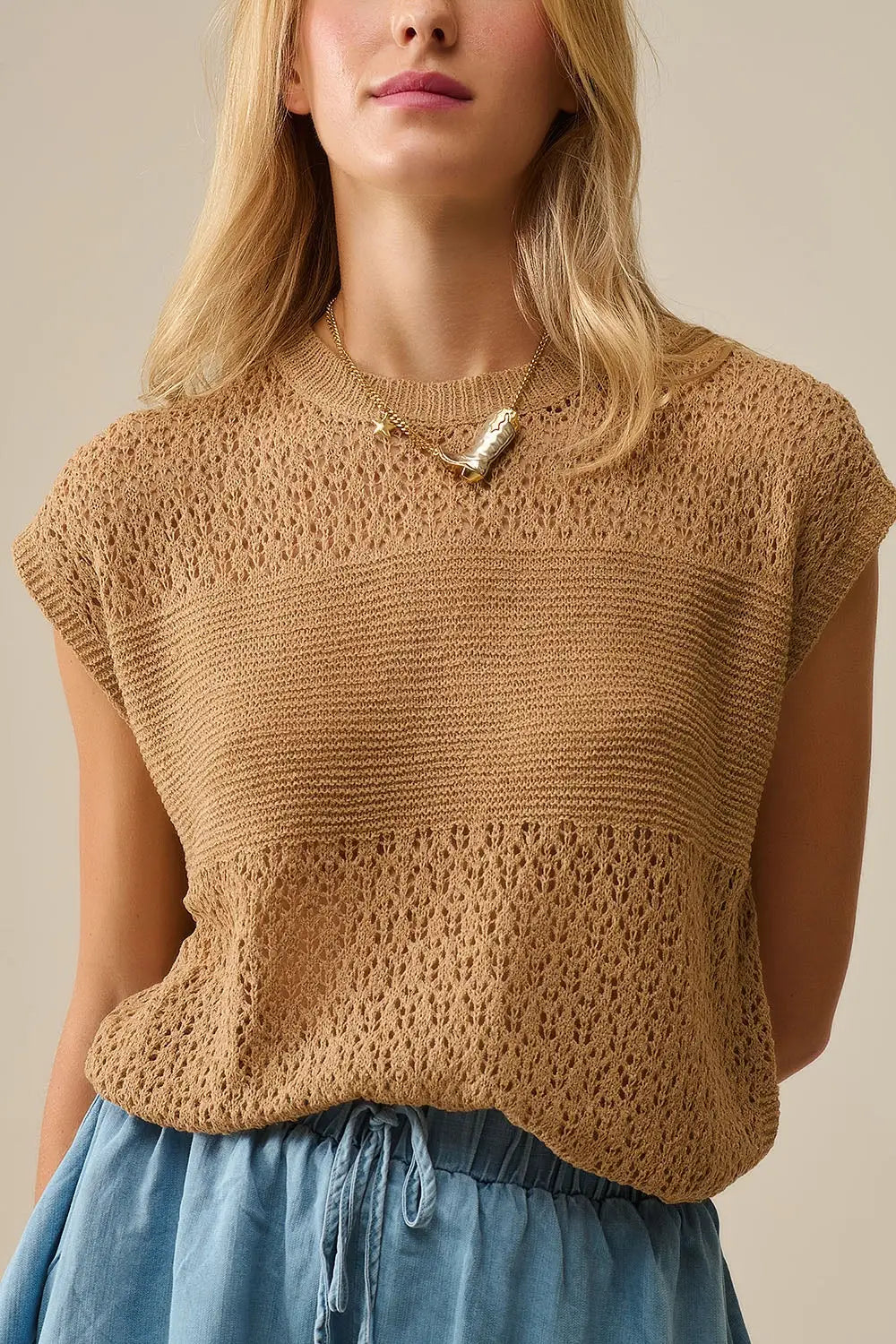 Pull camel en maille ouverte douce et manches tombantes - One Size / marron