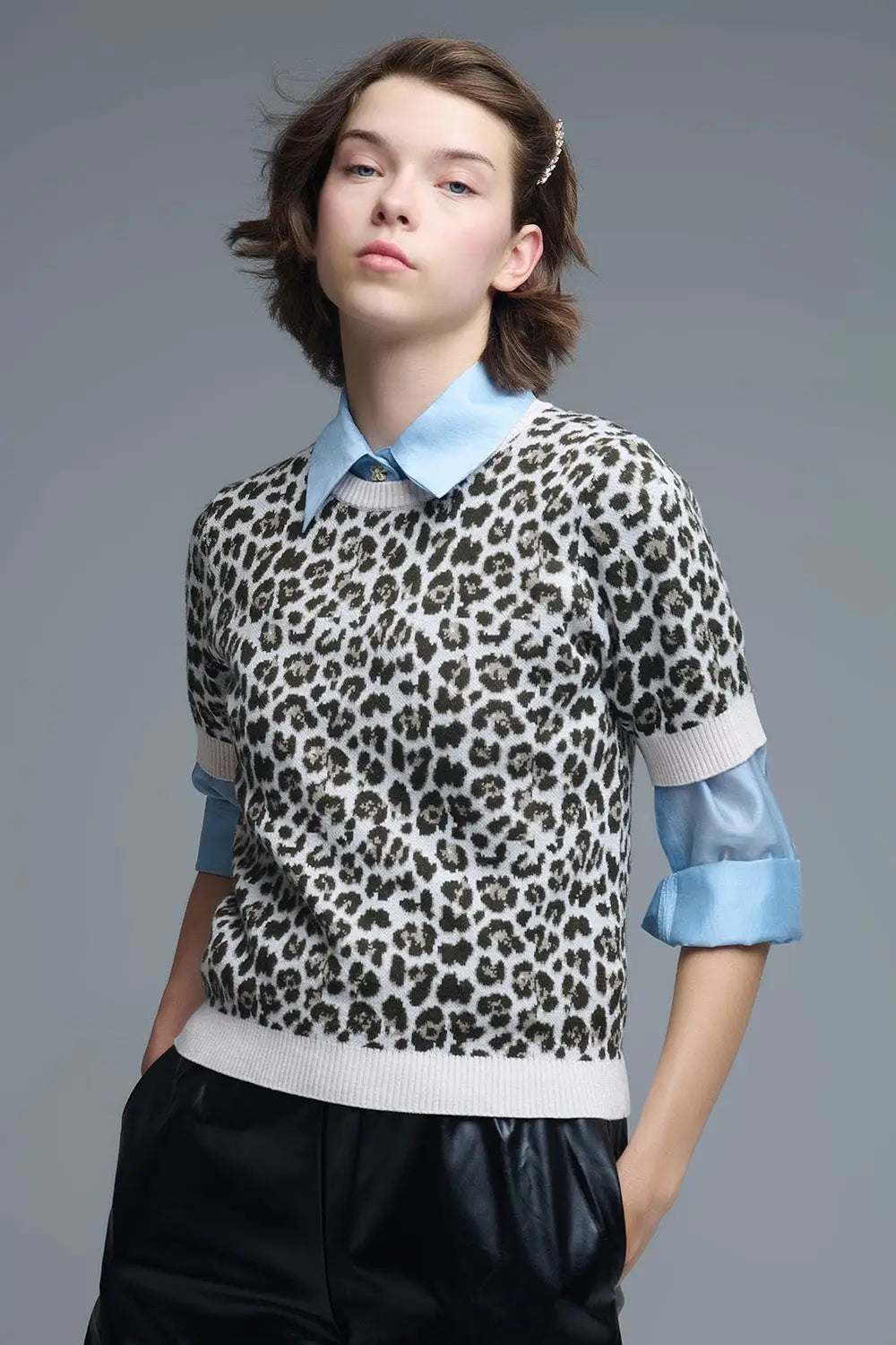 Pull chic à manches courtes imprimé léopard - Pulls