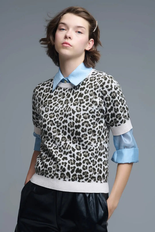 Pull chic à manches courtes imprimé léopard - Pulls