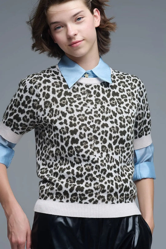 Q2 Pull chic à manches courtes imprimé léopard