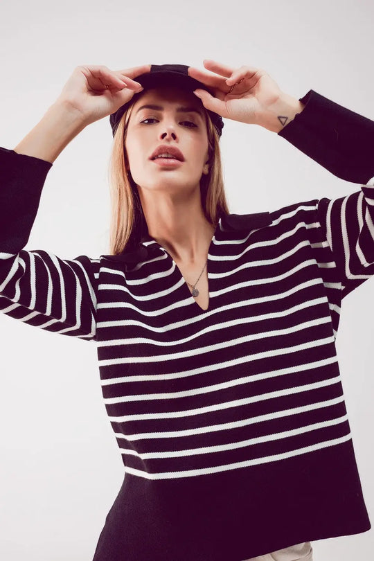 Pull col polo rayé noir - Pulls