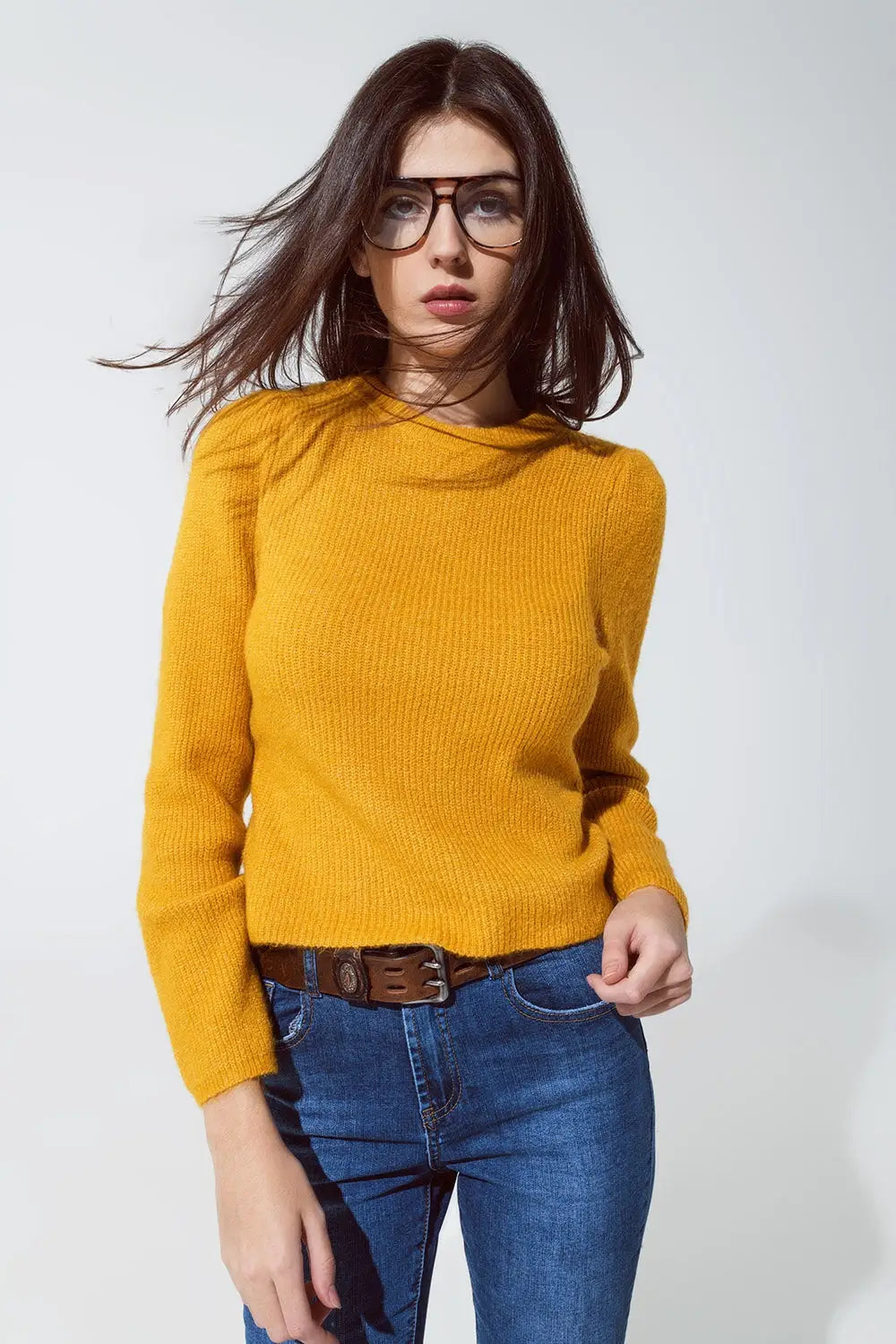 Pull Col rond côtes épaisses mustard - Pulls