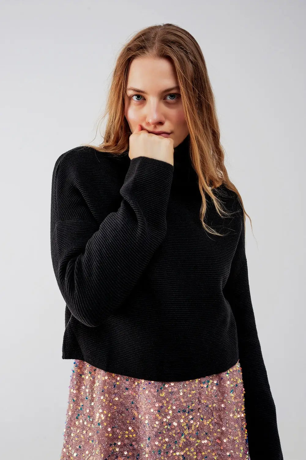 Pull col roulé côtelé noir - Pulls