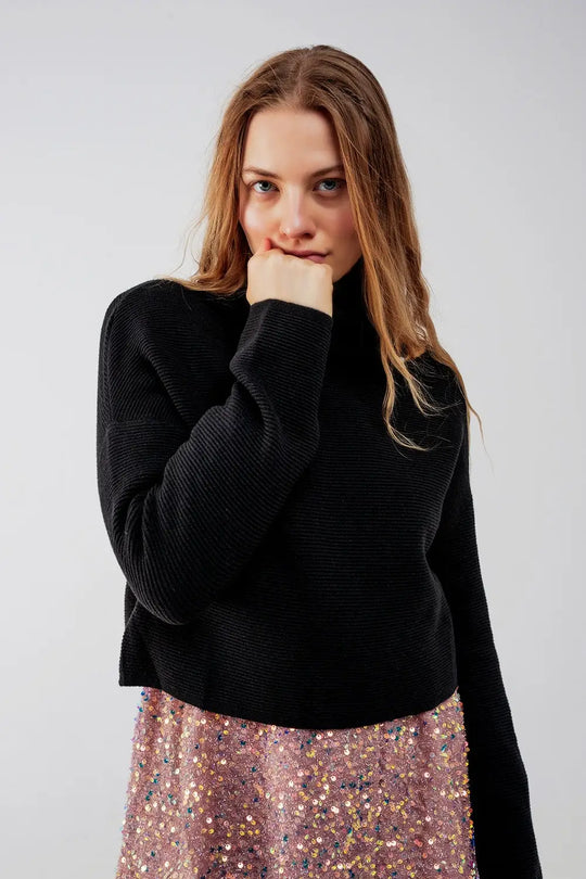 Pull col roulé côtelé noir - Pulls