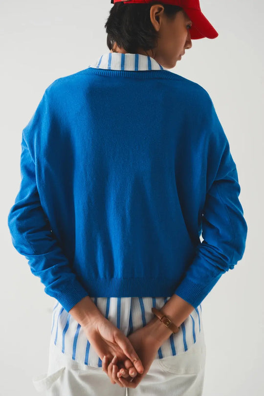 Pull col V en maille fine bleu - Pulls