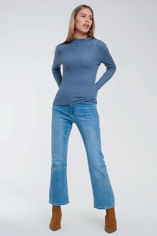 Pull côtelé à col montant Bleu - Pulls